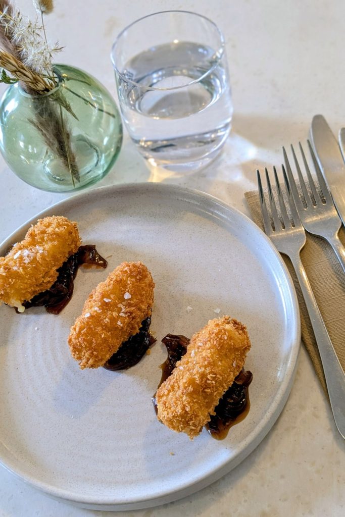 The Leddie - Lunch menu starter of hot cheese croquettes with onion chutney