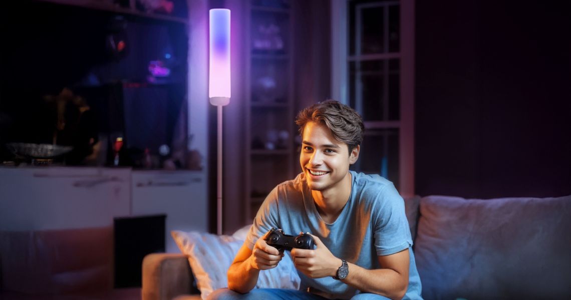 Lepro O1 AI Standing Lamp in gaming room with bright RGB lighting