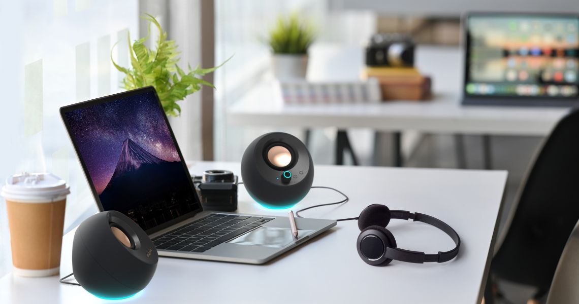 Creative Pebble Pro Speakers on office desk