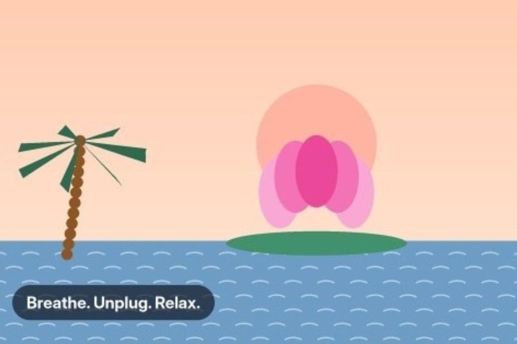 Illustration of a pink lotus flower on calm water with a palm tree and a soft sunset